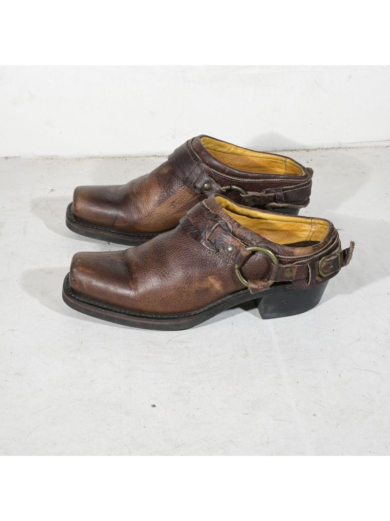 Vintage Frye Belted Harness Mule 70760-2 Brown Square Toe Pebbled Leather Slip O